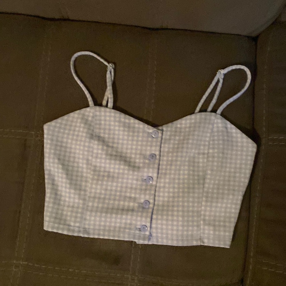 Brand Forever21, size small, color light blue with white, cropped top.